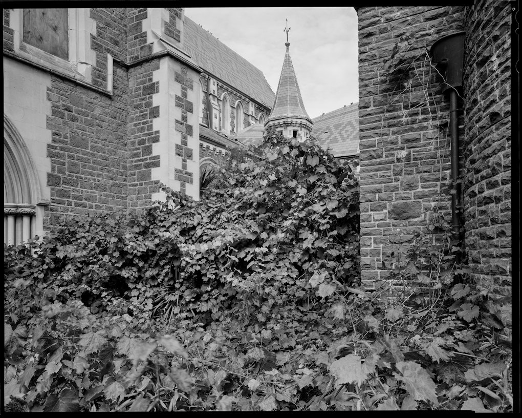 North enterance within cordoned off grounds of Christ Church Cathedral. Scanned from 8x10" negative.
