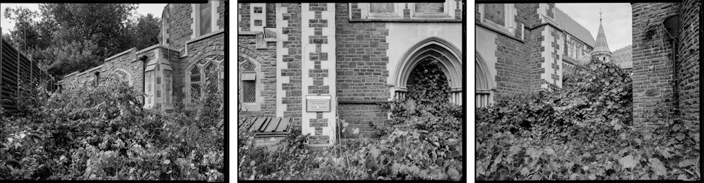 North enterance within cordoned off grounds of Christ Church Cathedral. 180 degree triptych scanned from 8x10" negatives.